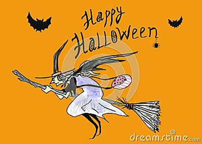 Halloween witch flying on the broom with bats on orange background Stock Photo