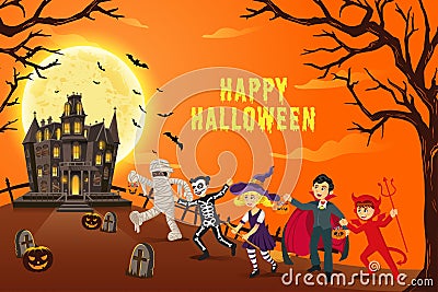 Happy halloween background with kids dressed in halloween costume Vector Illustration