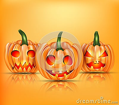 Happy Halloween background with orange funny and spooky pumpkin faces with glowing cute out faces. Vector Illustration