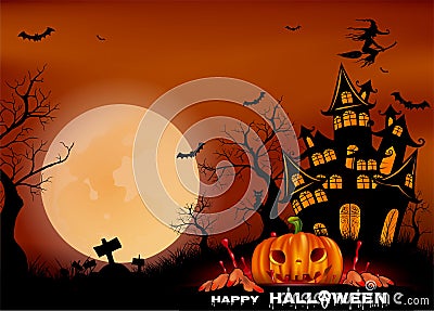 Happy Halloween background with pumpkin, full moon. Halloween party. Vector illustration Cartoon Illustration