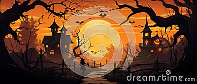Happy Halloween Banner: Dreamlike Illustration Witch , Full Moon, and Haunted House, Stock Photo