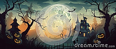 Happy Halloween Banner: Dreamlike Illustration Witch , Full Moon, and Haunted House, Stock Photo
