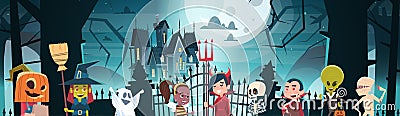 Happy Halloween Banner Holiday Decoration Horror Party Greeting Card Cute Cartoon Monsters Walking To Dark Castle With Vector Illustration