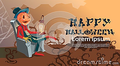 Happy Halloween Banner Jack With Pumpkin Scary Face Sit In Chair Vector Illustration