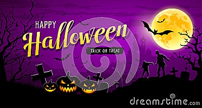 Happy Halloween banner on moon night purple background Vector Illustration