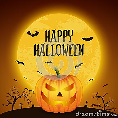 Happy Halloween Banner with Pumkin. Vector Glossy Cartoon Halloween Pumkin Lantern with Funny Face on Dark Night Vector Illustration