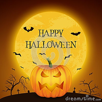 Happy Halloween Banner with Pumkin. VectorCartoon Halloween Pumkin Lantern with Funny Face on Dark Night Cemetery Vector Illustration