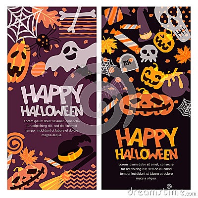 Happy Halloween banner set. Hand drawn doodle pumpkin, skull, witch hat, bones, candies, ghost, broom, cauldron. Vector Illustration