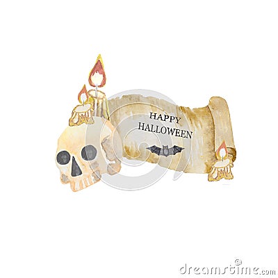 Happy Halloween banner Skull, scroll and candle. Stock Photo