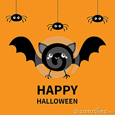 Happy Halloween. Bat, spider set flying. Cute cartoon kawaii funny round baby character with open wings. Black silhouette. Forest Vector Illustration