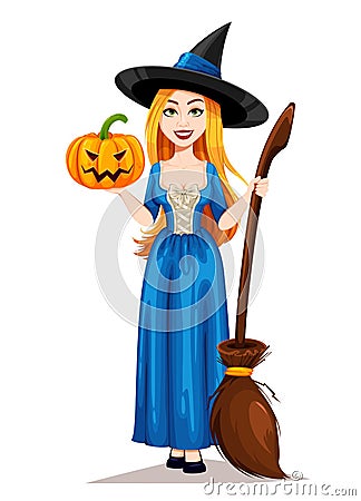 Happy Halloween. Beautiful witch cartoon character Vector Illustration