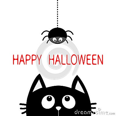 Happy Halloween. Black cat face head silhouette looking up to hanging on dash line web spider insect. Cute cartoon character. Baby Vector Illustration