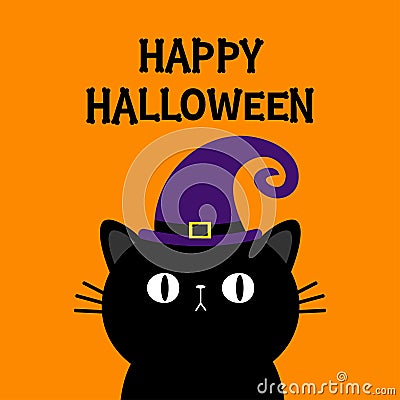 Happy Halloween. Black cat kitten head face. Witch hat. Bones text font. Bone letter type. Cute cartoon kawaii character. Pet baby Vector Illustration