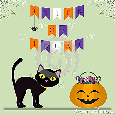 Happy Halloween. A black cat stands next to a pumpkin with sweets. Decoration of their flags, spider and cobwebs. Autumn Vector Illustration