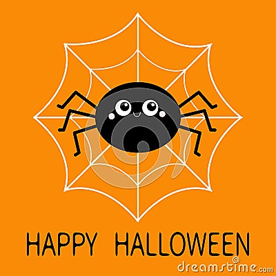 Happy Halloween. Black round spider sitting on the web. Funny insect. Long paws. Big eyes. Cute cartoon kawaii baby character. Vector Illustration