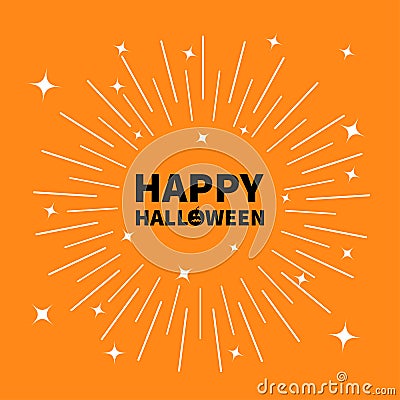 Happy halloween black text Pumpkin smiling face silhouette. Sunburst round line circle. Shining effect stars. Abstract Vector Illustration