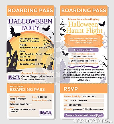 Happy Halloween Boarding Pass cartoon party invitation template in airline ticket style. Vector Illustration Vector Illustration