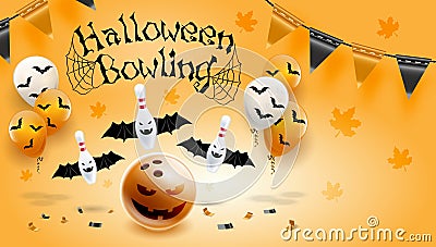 Happy Halloween Bowling pin and ball Poster Design Vector Illustration Orange background. Vector Illustration