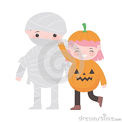 Happy halloween, boy mummy and girl pumpkin costumes cartoon Vector Illustration