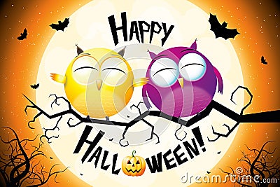 Happy Halloween card with cartoon owls Stock Photo