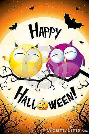 Happy Halloween card with cartoon owls Stock Photo