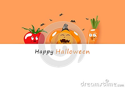 Happy Halloween card, cute pumpkin, tomato and carrot emotion, vegetable harvest season, celebration party invitation card Vector Illustration