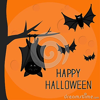 Happy Halloween card. Cute sleeping bat hanging on tree. Vector Illustration