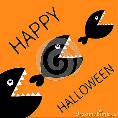 Happy Halloween card. Fish monster eating each other. Three fishes. Food chain. Black color silhouette. Cute cartoon character set Vector Illustration