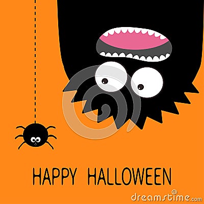 Happy Halloween card. Monster head silhouette. Two eyes, teeth, tongue. Hanging upside down. Black spider dash line. Funny Cute ca Vector Illustration