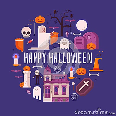 Happy Halloween Card in Flat Design Vector Illustration