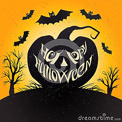 Happy Halloween card with pumpkin. Vector illustration with lettering. Vector Illustration