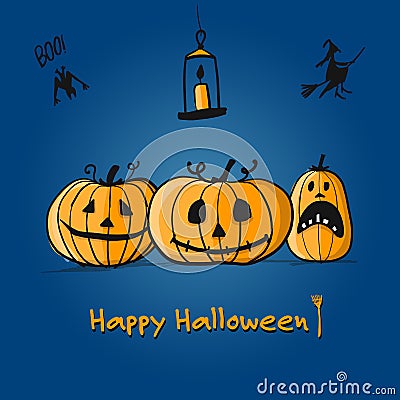 Happy halloween card, pumpkins sketch for your design Vector Illustration