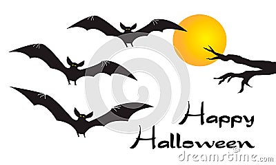 Happy Halloween card with scary flying vampire bats, yellow moon Vector Illustration
