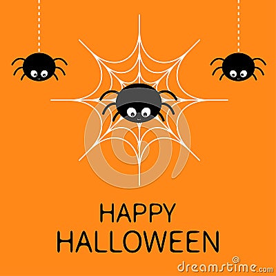 Happy Halloween card. Spider on the web. Cute cartoon baby character. Three hanging spiders. Insect set. Dash line. Cobweb white. Vector Illustration