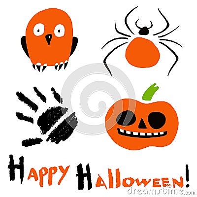 Happy Halloween card with a stylized owl, spider, pimpkin and handprints Stock Photo