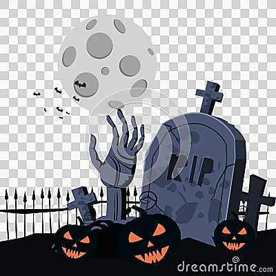 Happy Halloween Card Template Background, Hand Zombie Cemetery Pumpkins Bats Spooky, Vector Illustration Banner Vector Illustration