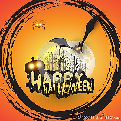 Happy Halloween Card Template Design - Flying Bats Over the Autumn Woods and Various Spooky Creatures with Glowing Eyes - Vector Vector Illustration