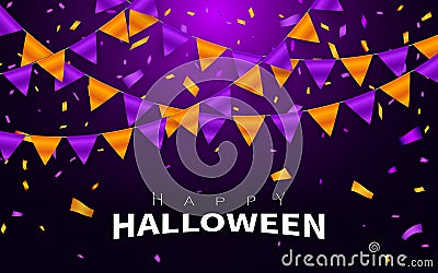 Happy Halloween Carnival Background. Orange purple flags garland, confetti concept for party design. Celebration Vector illustrati Vector Illustration