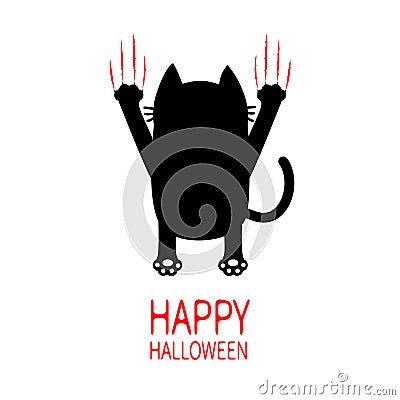 Happy Halloween Cartoon black cat. Back view. Red bloody claws animal scratch scrape track. Cute funny character. Greeting card. W Vector Illustration