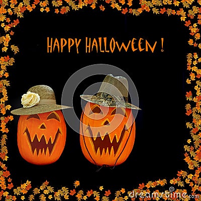 Happy Halloween Carved Pumpkins Stock Photo