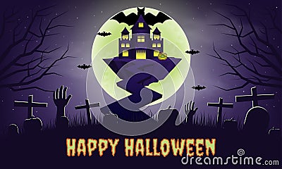 Happy halloween castle floating with moon Vector Illustration