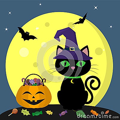 Happy Halloween. A Halloween cat in a witch hat sits next to a pumpkin filled with sweets. Full moon at night. Flying Vector Illustration