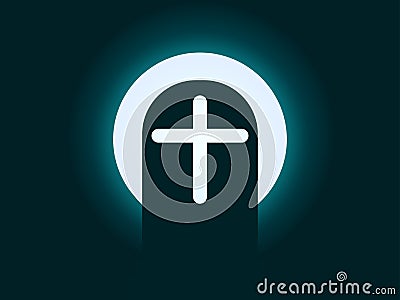 Happy Halloween, cemetery with full moon. Gravestone with cross. Night of all saints. Granite tombstone. Vector Vector Illustration