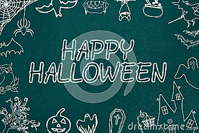 Happy Halloween chalkboard background. Halloween symbols Stock Photo