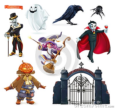 Happy Halloween. Characters and objects 3d vector set Vector Illustration