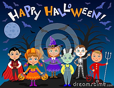 Happy Halloween. Children in halloween costumes. Vector Illustration