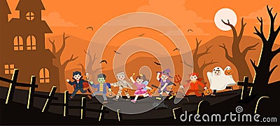 Children dressed in Halloween fancy dress to go Trick or Treating. Happy Halloween. Vector Illustration