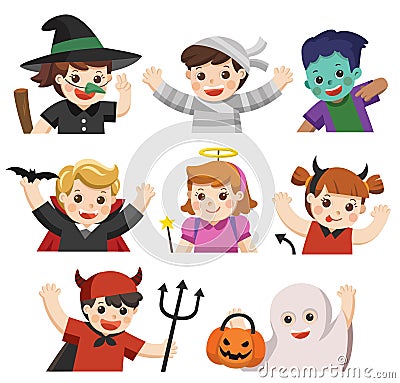 Happy Halloween. Children dressed in Halloween fancy dress Vector Illustration