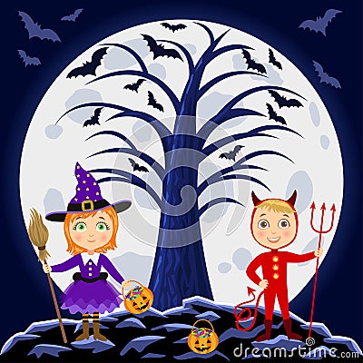 Happy Halloween. Children in halloween costumes. Devil and witch Vector Illustration