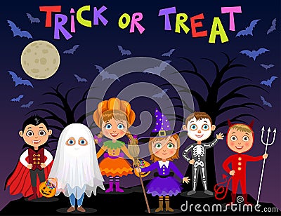 Happy Halloween. Children in halloween costumes. Vector Illustration